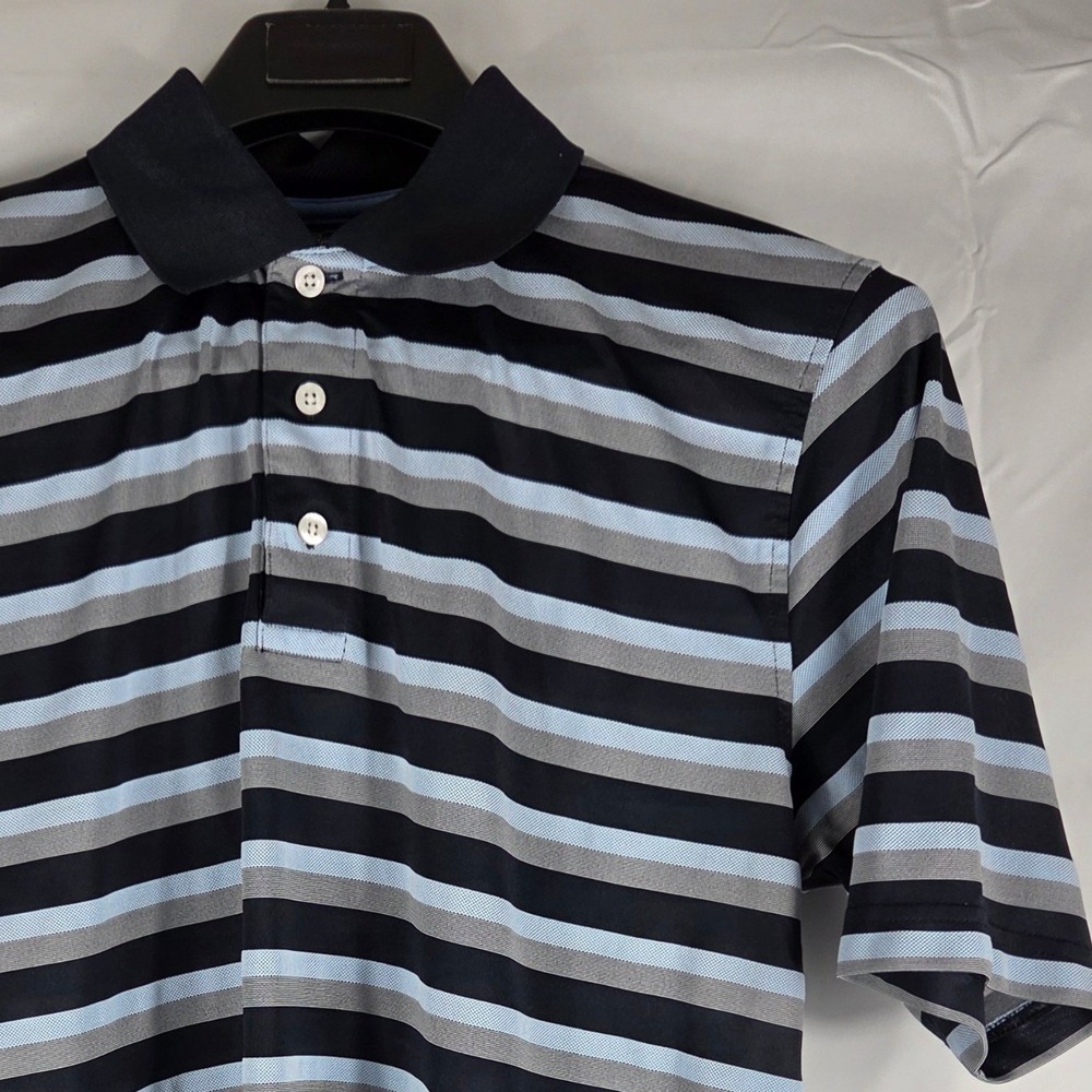 Brooks Brothers Mens Large Polo Shirt Blue Grey Striped Short Sleeve Golf Top